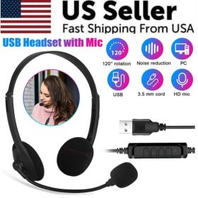 USB Headset Headphone With Microphone Noise Cancelling For PC Computer Call Chat (Option: Black)